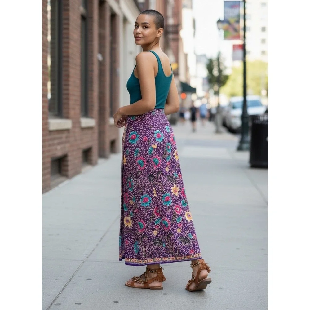 Emchit 5029 Batik Floral Wrap‎ Maxi Skirt Purple Cotton 28 Boho Ethnic Festival